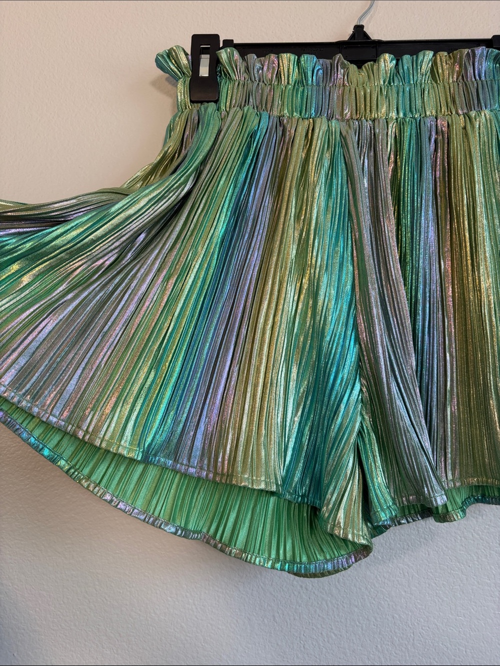 Queen of Sparkles Metallic Pleated High Waist Short in Green / Purple Multi - S - Picture 3 of 5